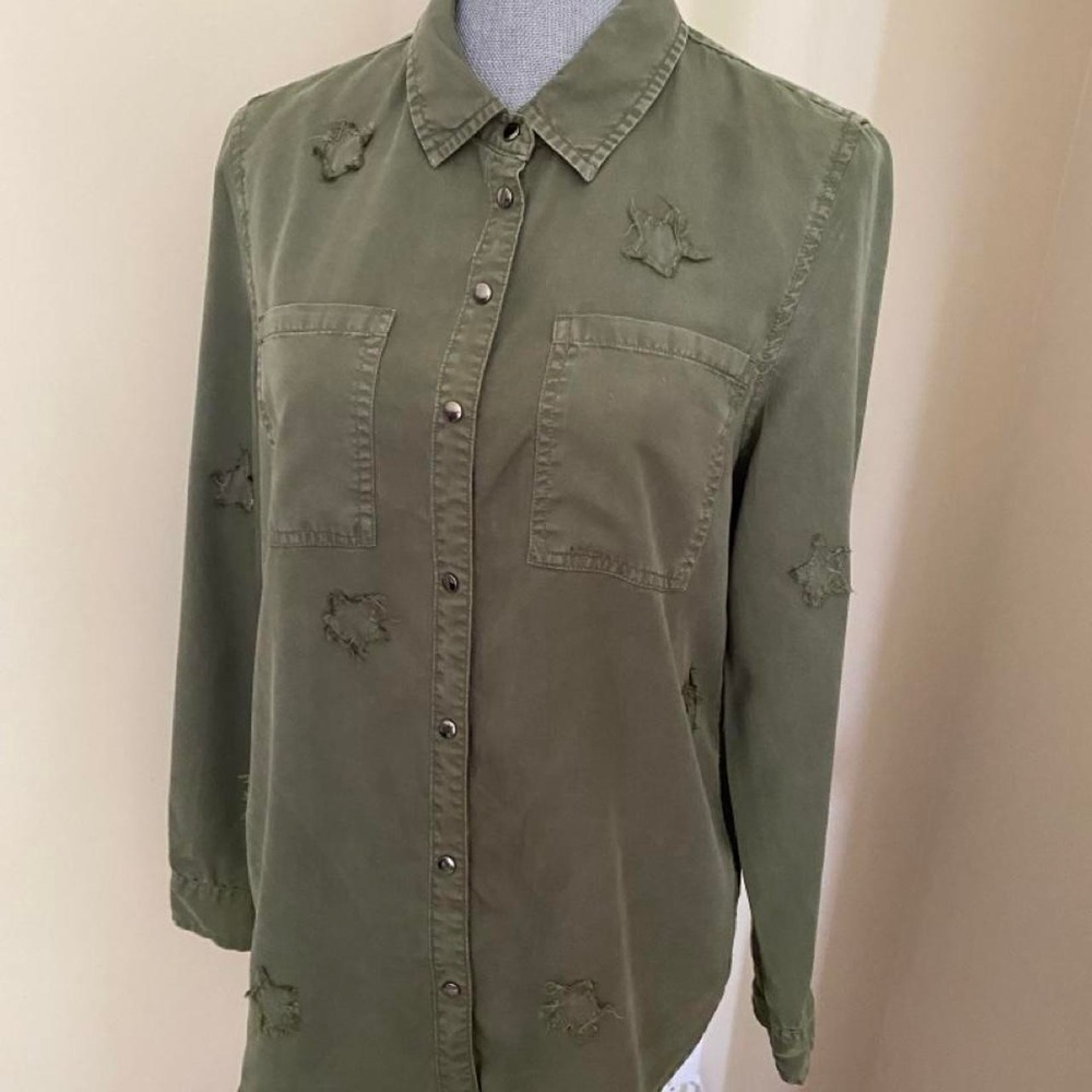 Velvet Heart Distressed Star Utility Shirt Snap Up Olive Green Small R1